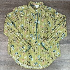 Sundance Women’s Green Floral Eyelet Velvet Trimmed Blouse Size Small Petite